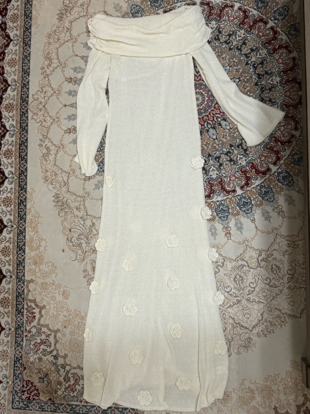 Meshki Cream Off-Shoulder Maxi Dress with Floral Rosette Details